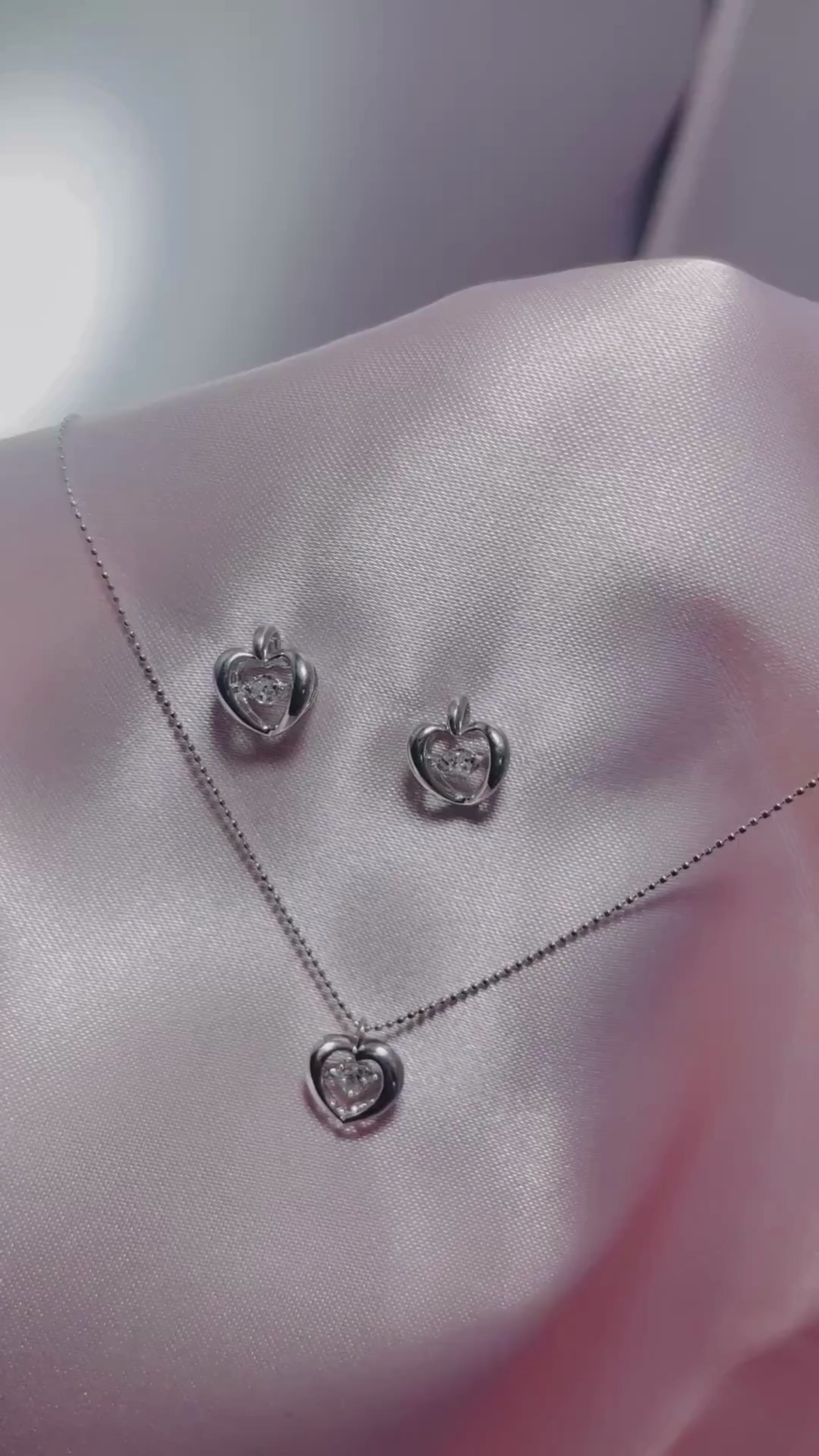 Dancing Diamond Heart Shape Earring and Pendant Set in White Gold 