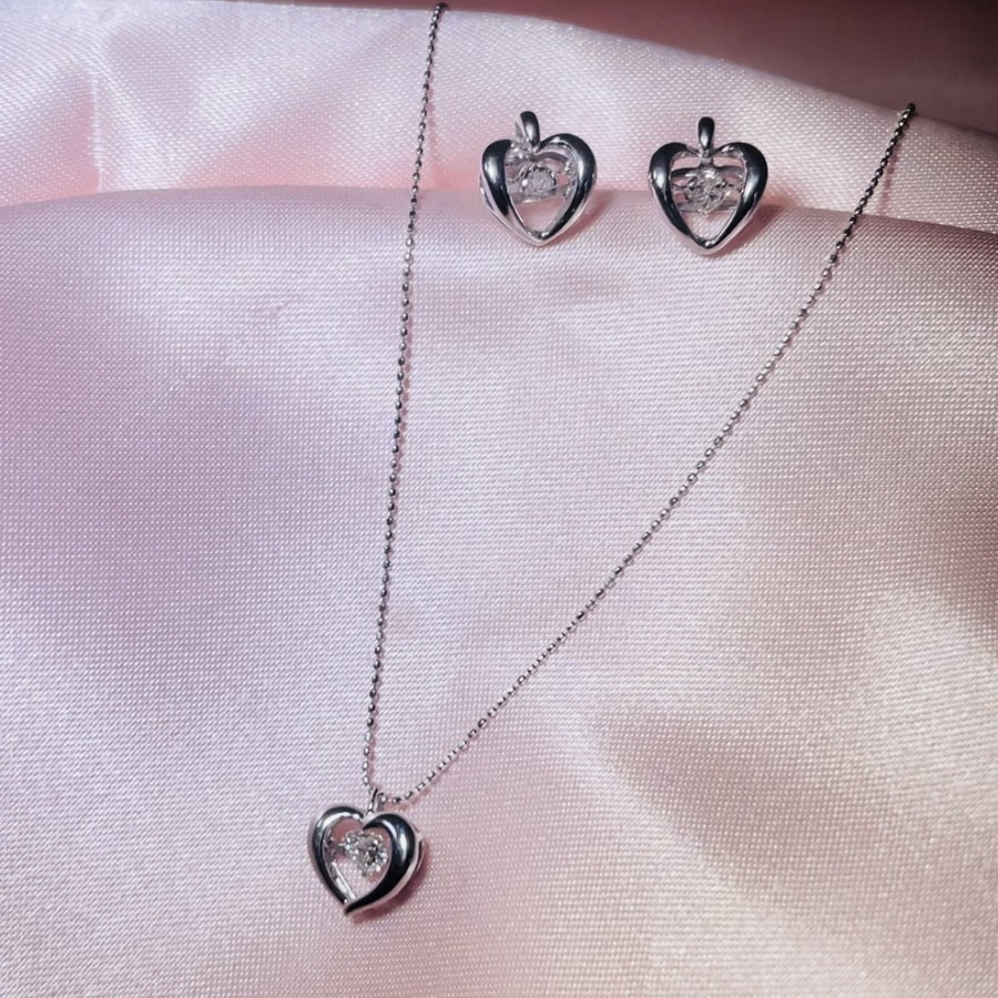 Dancing Diamond Heart Shape Earring and Pendant Set in White Gold