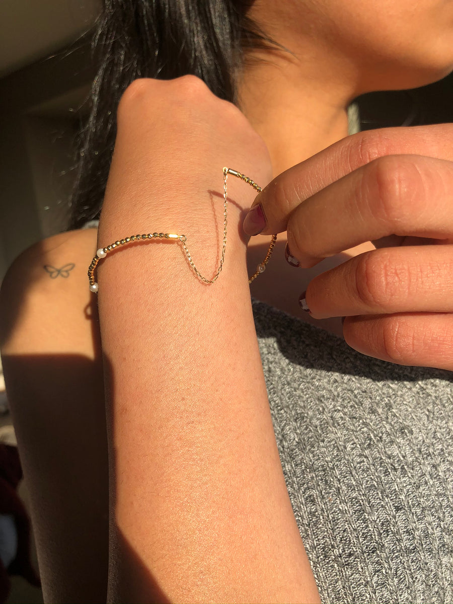 18K Free Size Gold and Pearl Bangle