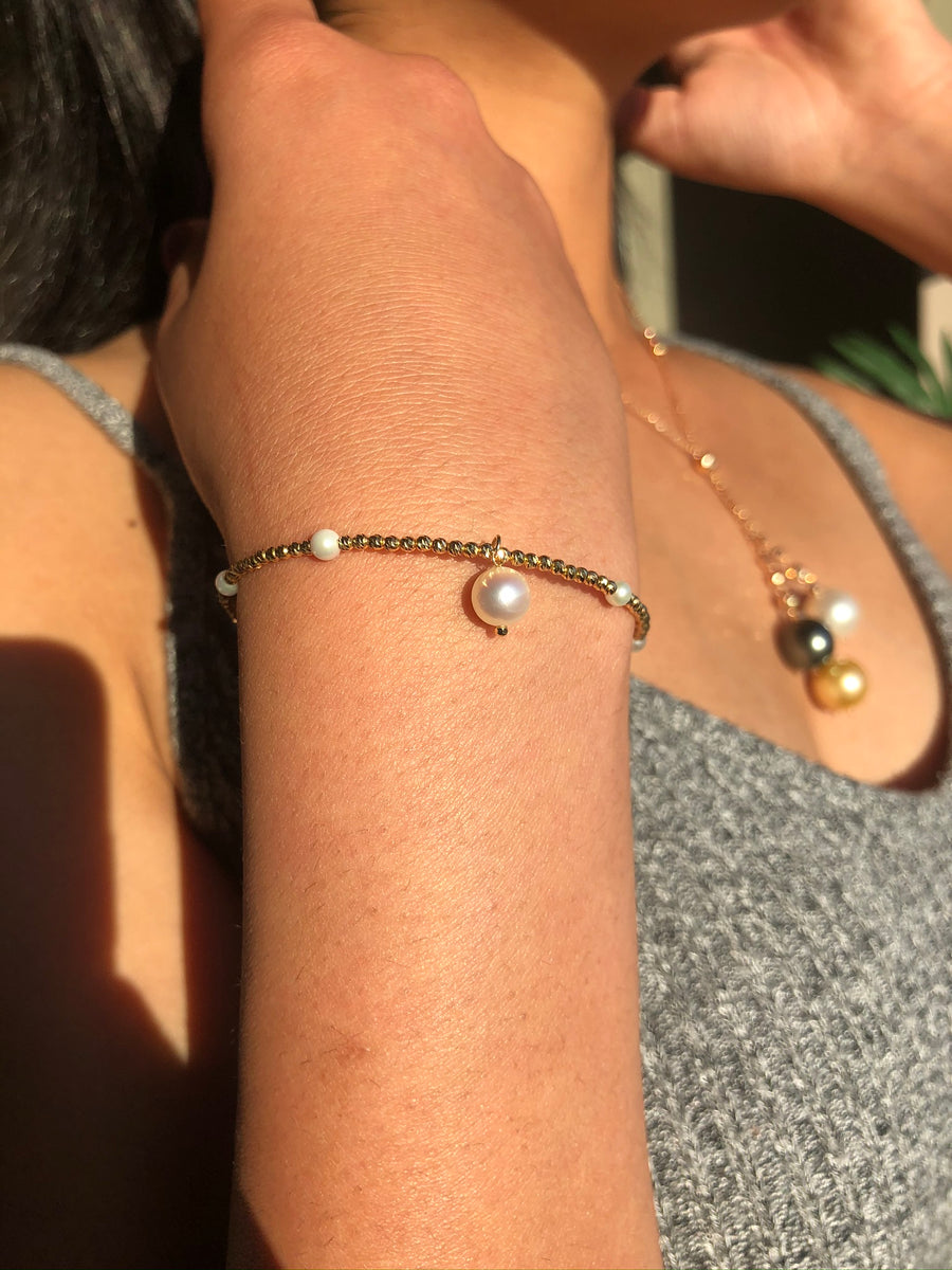 18K Free Size Gold and Pearl Bangle