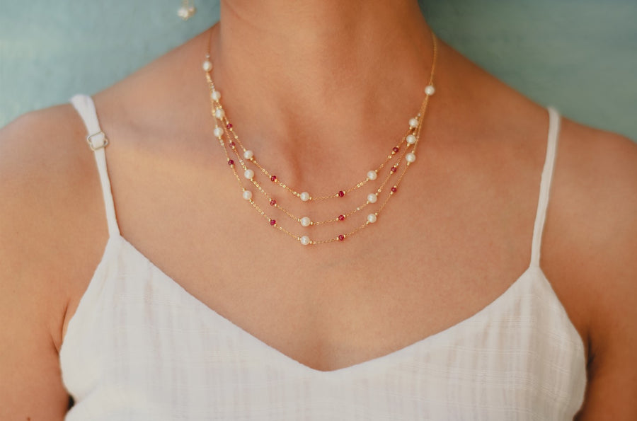 Red Stone Tri Strand Pearl Necklace