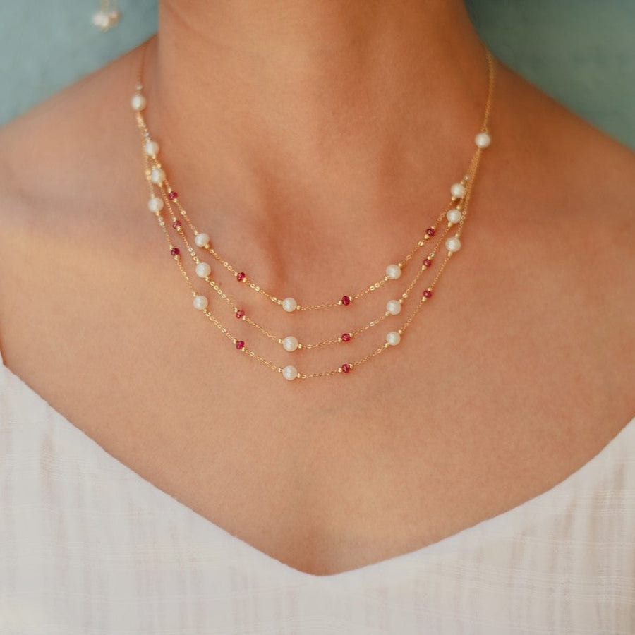 Red Stone Tri Strand Pearl Necklace