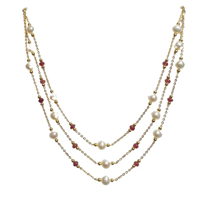 Red Stone Tri Strand Pearl Necklace