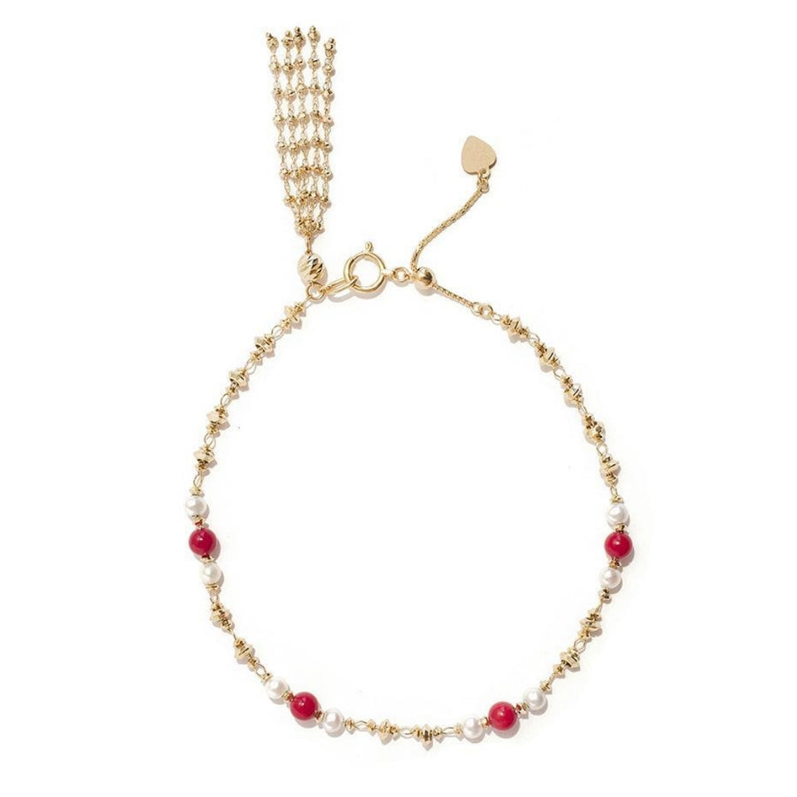 Adjustable Pearl and Red Gemstone Tassel Bracelet